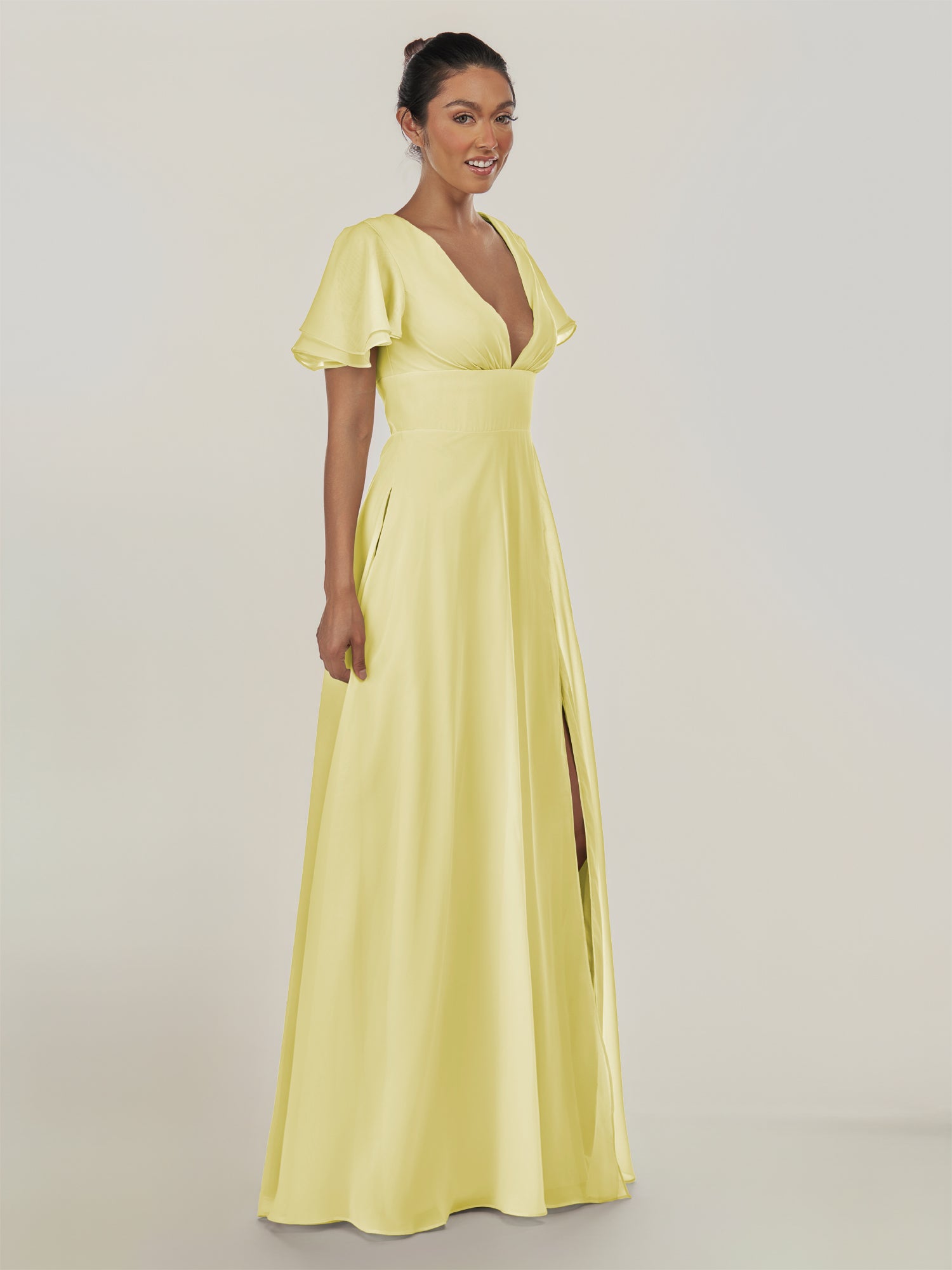 KissDress-Nira Buttercup A Line Chiffon Cap Sleeves V Neck Long Bridesmaid Dress with Slit