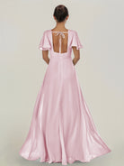 KissDress-Nira Candy Pink A Line Chiffon Cap Sleeves V Neck Long Bridesmaid Dress with Slit