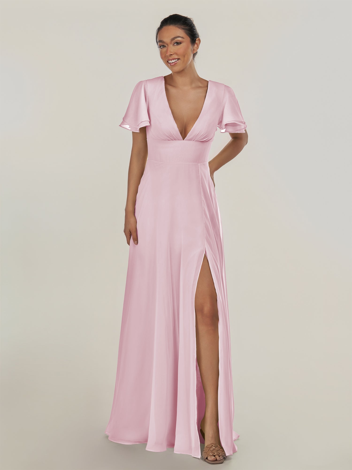 KissDress-Nira Candy Pink A Line Chiffon Cap Sleeves V Neck Long Bridesmaid Dress with Slit