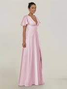 KissDress-Nira Candy Pink A Line Chiffon Cap Sleeves V Neck Long Bridesmaid Dress with Slit