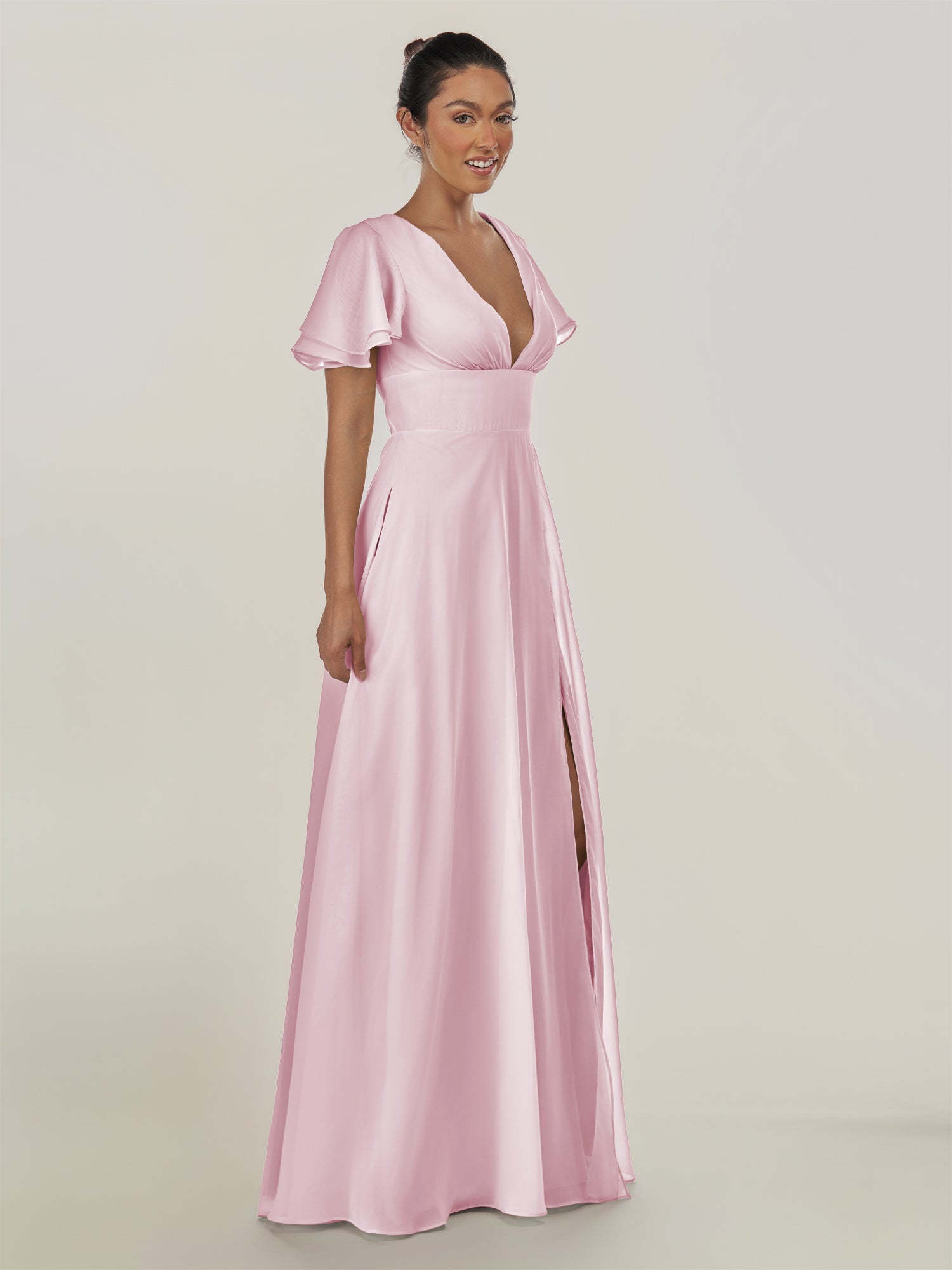 KissDress-Nira Candy Pink A Line Chiffon Cap Sleeves V Neck Long Bridesmaid Dress with Slit