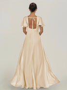 KissDress-Nira Champagne A Line Chiffon Cap Sleeves V Neck Long Bridesmaid Dress with Slit
