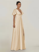 KissDress-Nira Champagne A Line Chiffon Cap Sleeves V Neck Long Bridesmaid Dress with Slit
