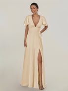 KissDress-Nira Champagne A Line Chiffon Cap Sleeves V Neck Long Bridesmaid Dress with Slit