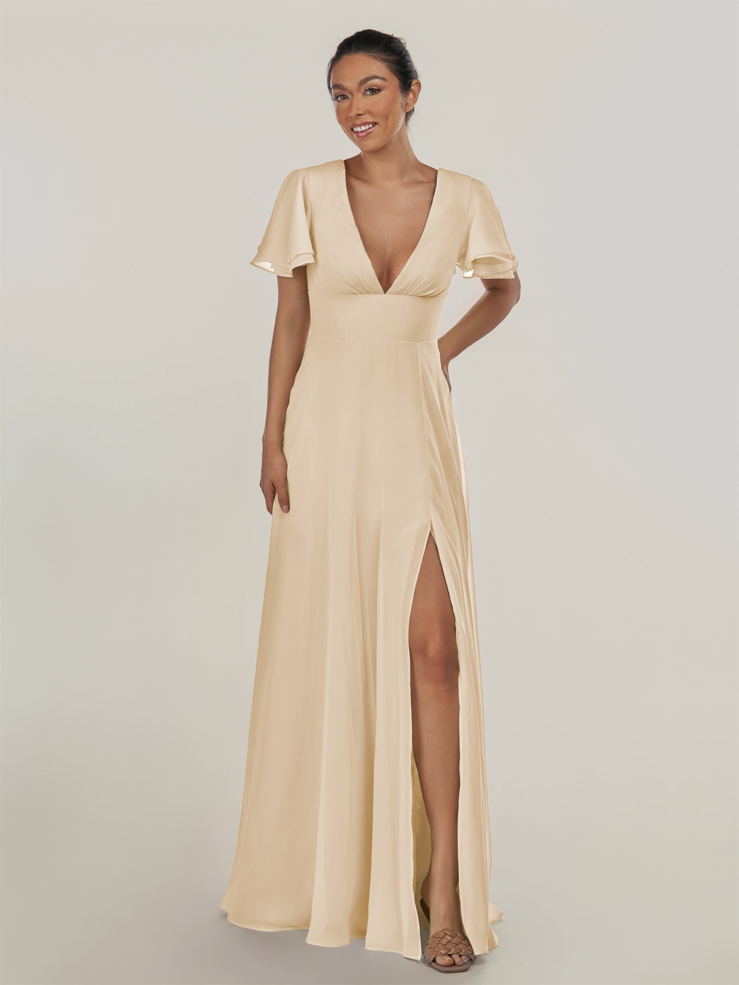 KissDress-Nira Champagne A Line Chiffon Cap Sleeves V Neck Long Bridesmaid Dress with Slit
