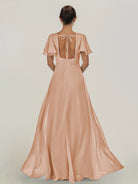 KissDress-Nira Champagne Rose A Line Chiffon Cap Sleeves V Neck Long Bridesmaid Dress with Slit
