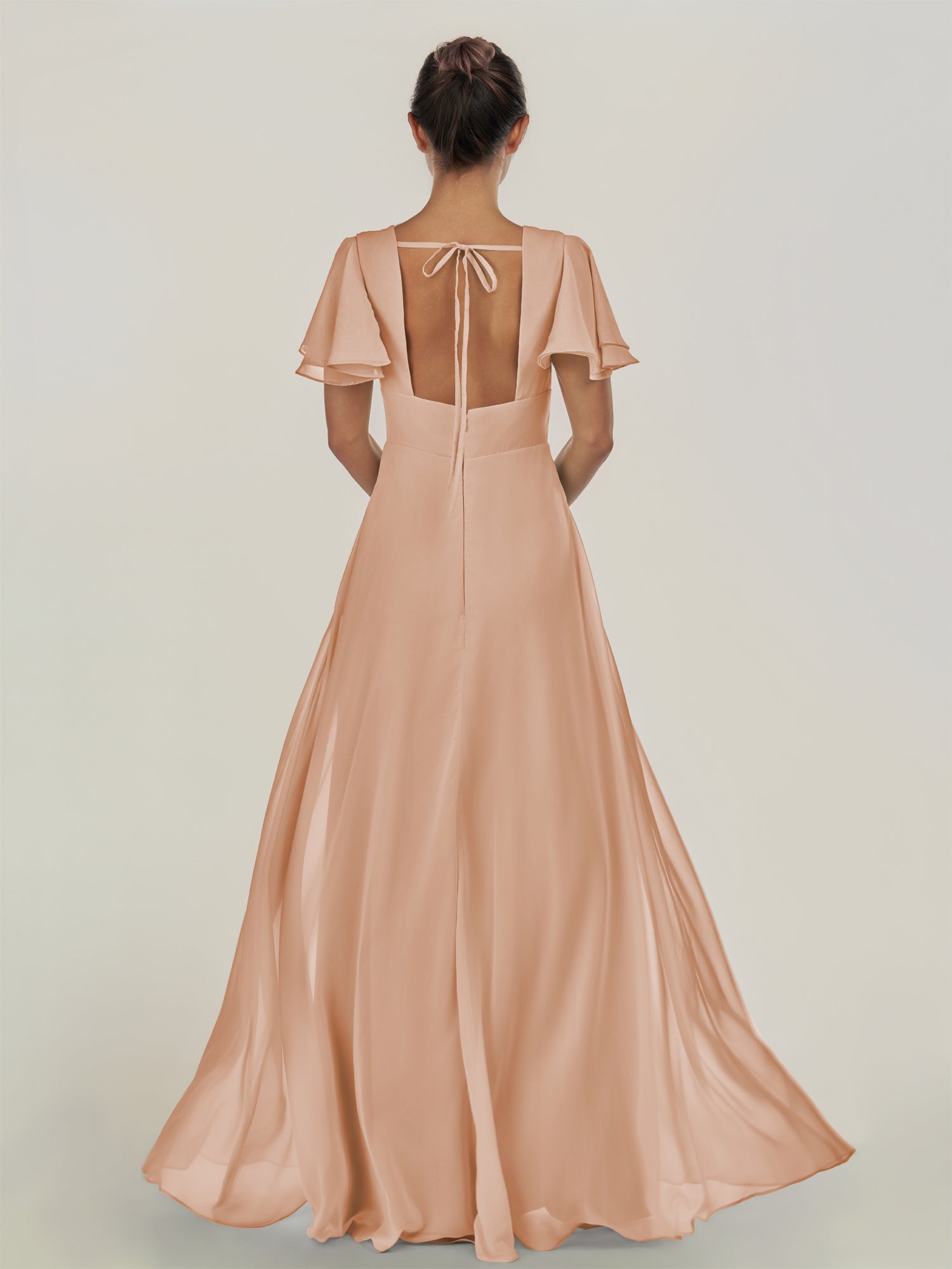 KissDress-Nira Champagne Rose A Line Chiffon Cap Sleeves V Neck Long Bridesmaid Dress with Slit