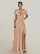 KissDress-Nira Champagne Rose A Line Chiffon Cap Sleeves V Neck Long Bridesmaid Dress with Slit