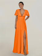 KissDress-Nira Cinnamon A Line Chiffon Cap Sleeves V Neck Long Bridesmaid Dress with Slit