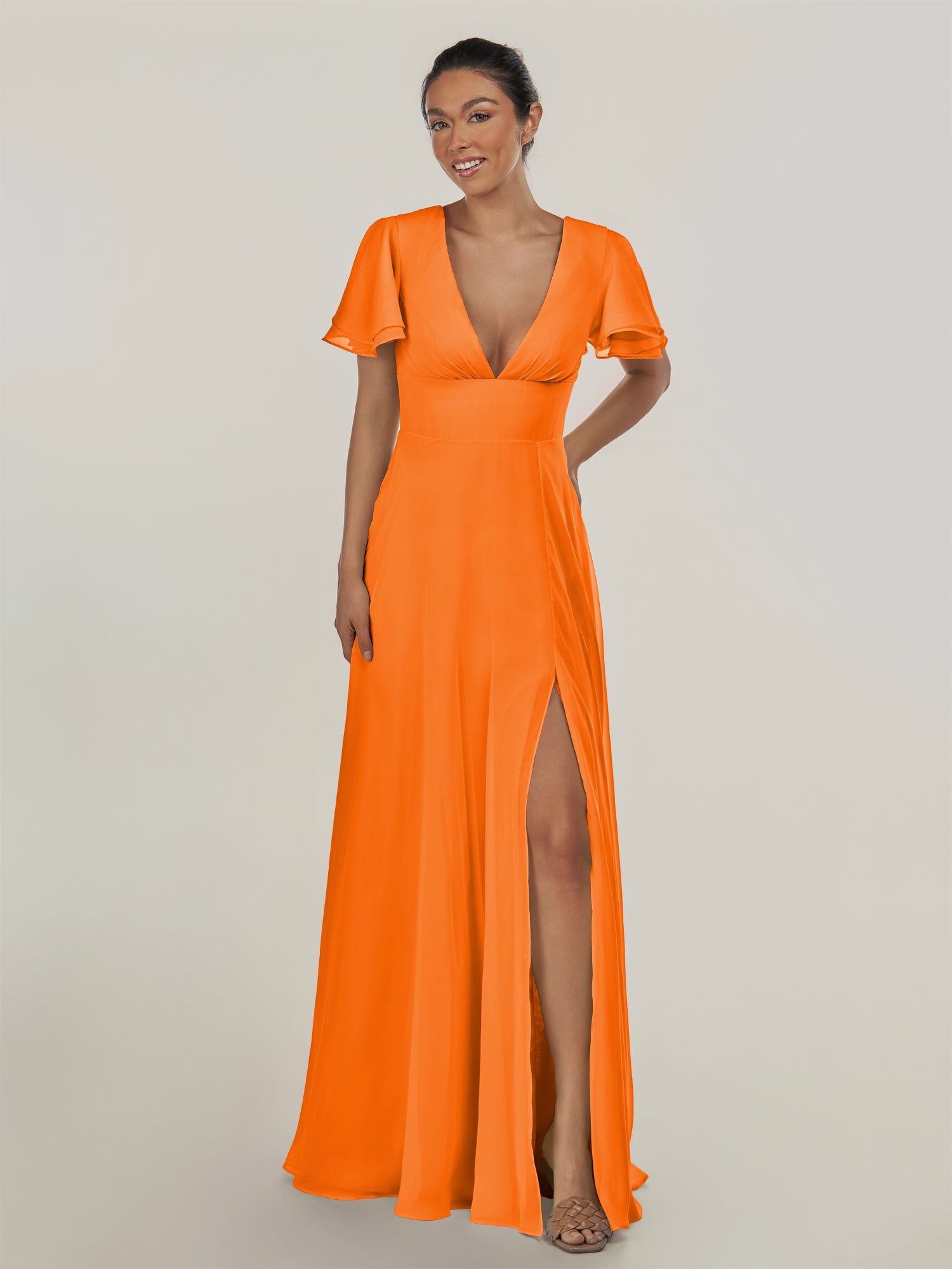 KissDress-Nira Cinnamon A Line Chiffon Cap Sleeves V Neck Long Bridesmaid Dress with Slit