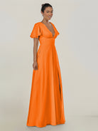 KissDress-Nira Cinnamon A Line Chiffon Cap Sleeves V Neck Long Bridesmaid Dress with Slit