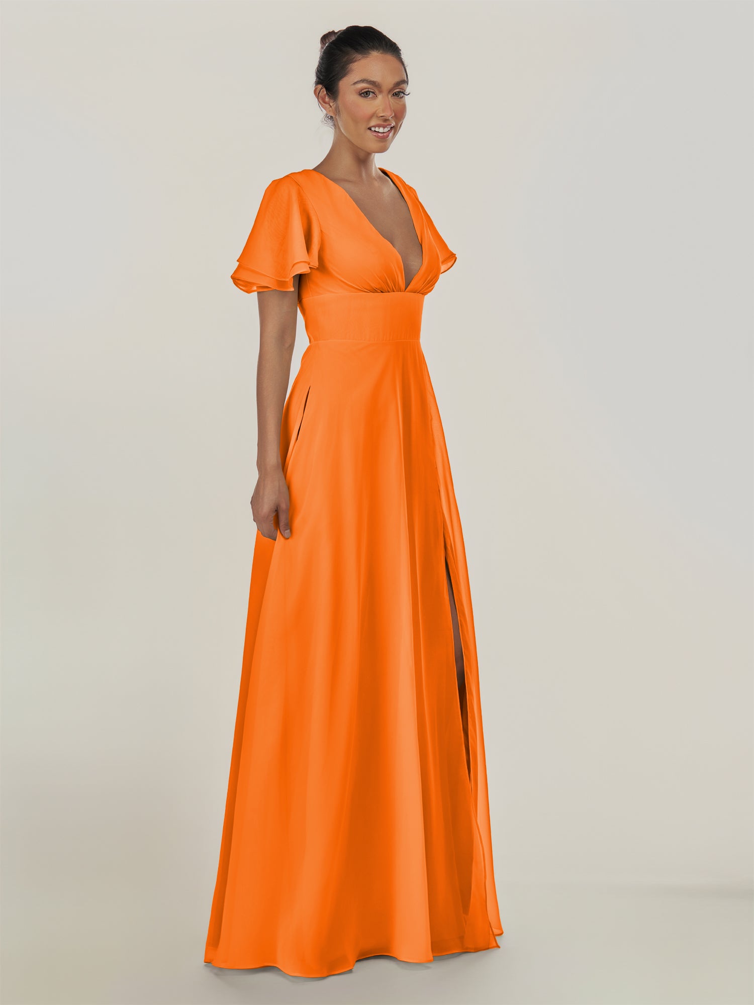 KissDress-Nira Cinnamon A Line Chiffon Cap Sleeves V Neck Long Bridesmaid Dress with Slit