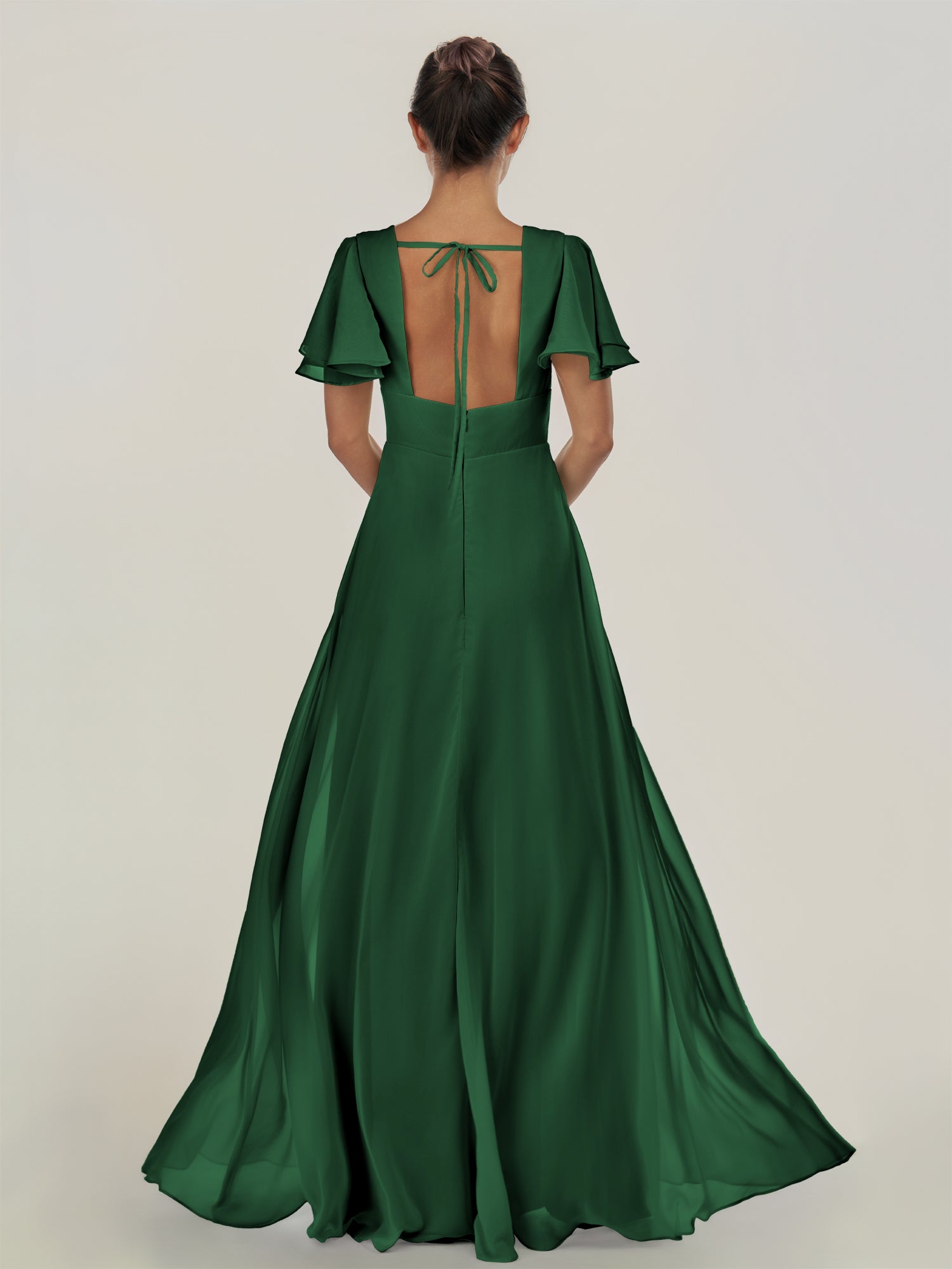 KissDress-Nira Dark Green A Line Chiffon Cap Sleeves V Neck Long Bridesmaid Dress with Slit