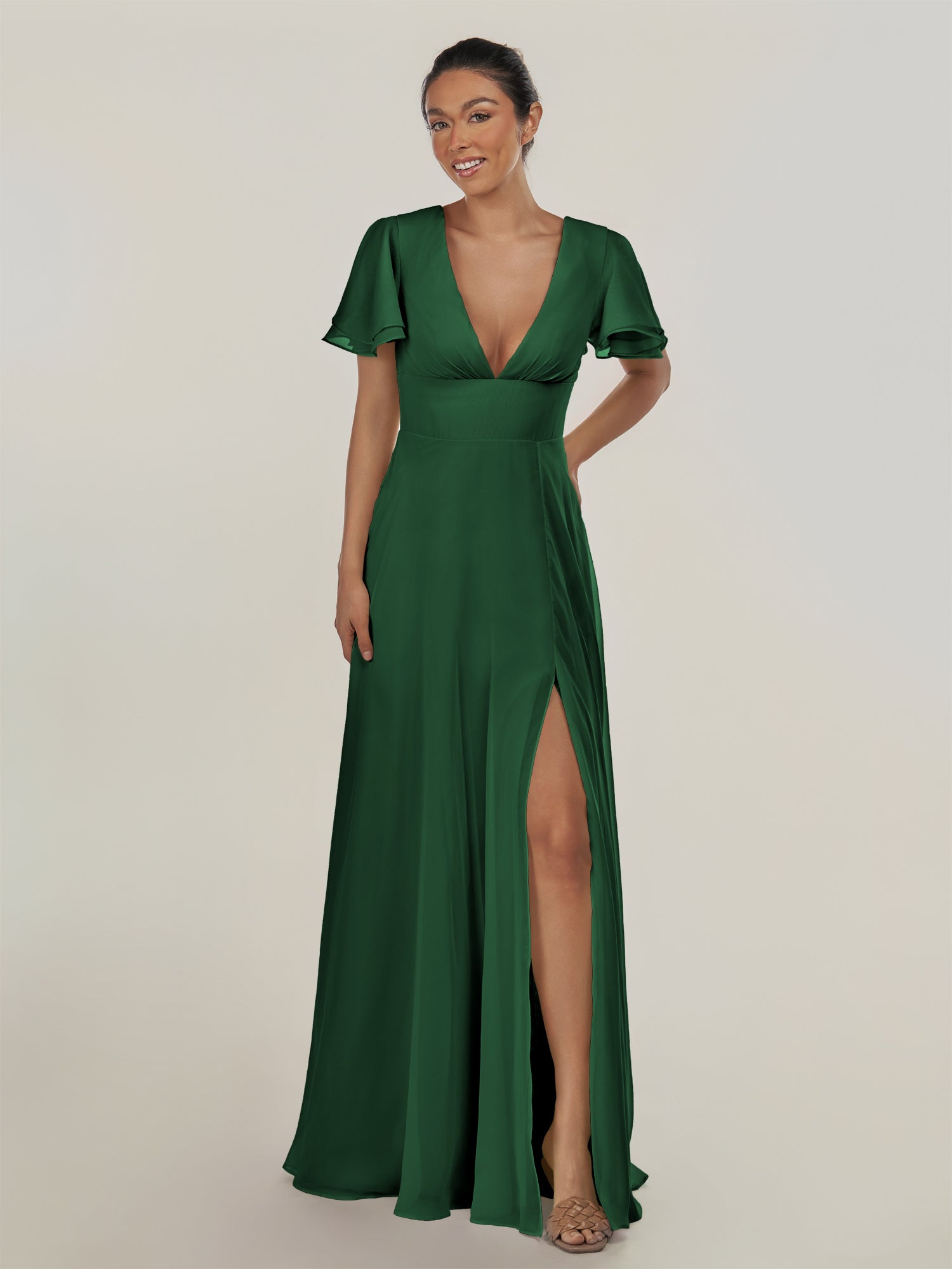 KissDress-Nira Dark Green A Line Chiffon Cap Sleeves V Neck Long Bridesmaid Dress with Slit
