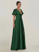 KissDress-Nira Dark Green A Line Chiffon Cap Sleeves V Neck Long Bridesmaid Dress with Slit