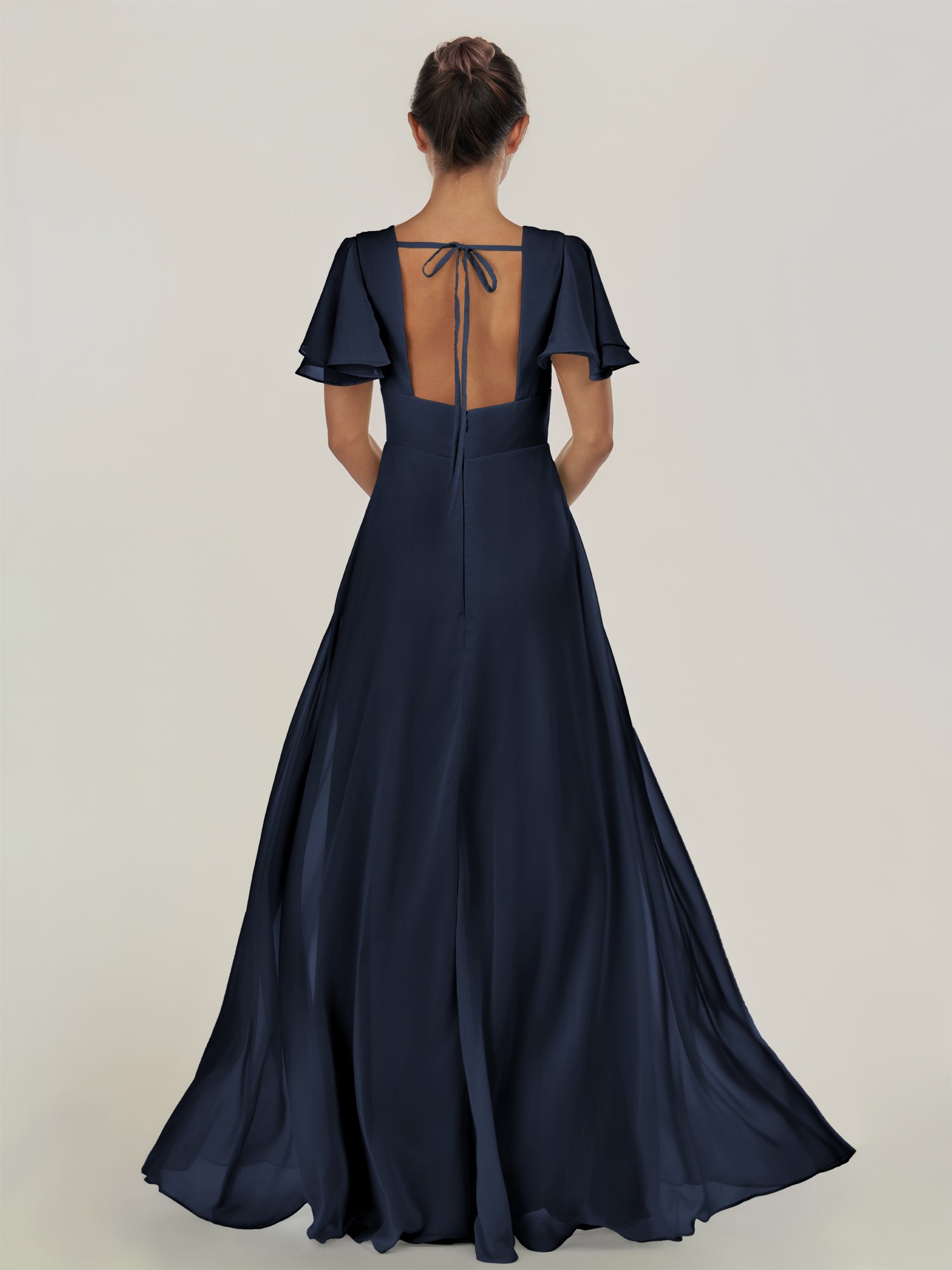 KissDress-Nira Dark Navy A Line Chiffon Cap Sleeves V Neck Long Bridesmaid Dress with Slit