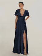 KissDress-Nira Dark Navy A Line Chiffon Cap Sleeves V Neck Long Bridesmaid Dress with Slit