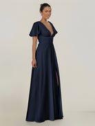 KissDress-Nira Dark Navy A Line Chiffon Cap Sleeves V Neck Long Bridesmaid Dress with Slit