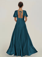 KissDress-Nira Dark Teal A Line Chiffon Cap Sleeves V Neck Long Bridesmaid Dress with Slit