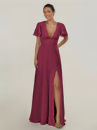 KissDress-Nira Desert Rose A Line Chiffon Cap Sleeves V Neck Long Bridesmaid Dress with Slit
