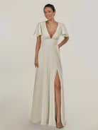 KissDress-Nira Dove Gray A Line Chiffon Cap Sleeves V Neck Long Bridesmaid Dress with Slit