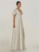 KissDress-Nira Dove Gray A Line Chiffon Cap Sleeves V Neck Long Bridesmaid Dress with Slit