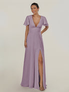 KissDress-Nira Dusk A Line Chiffon Cap Sleeves V Neck Long Bridesmaid Dress with Slit