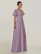 KissDress-Nira Dusk A Line Chiffon Cap Sleeves V Neck Long Bridesmaid Dress with Slit