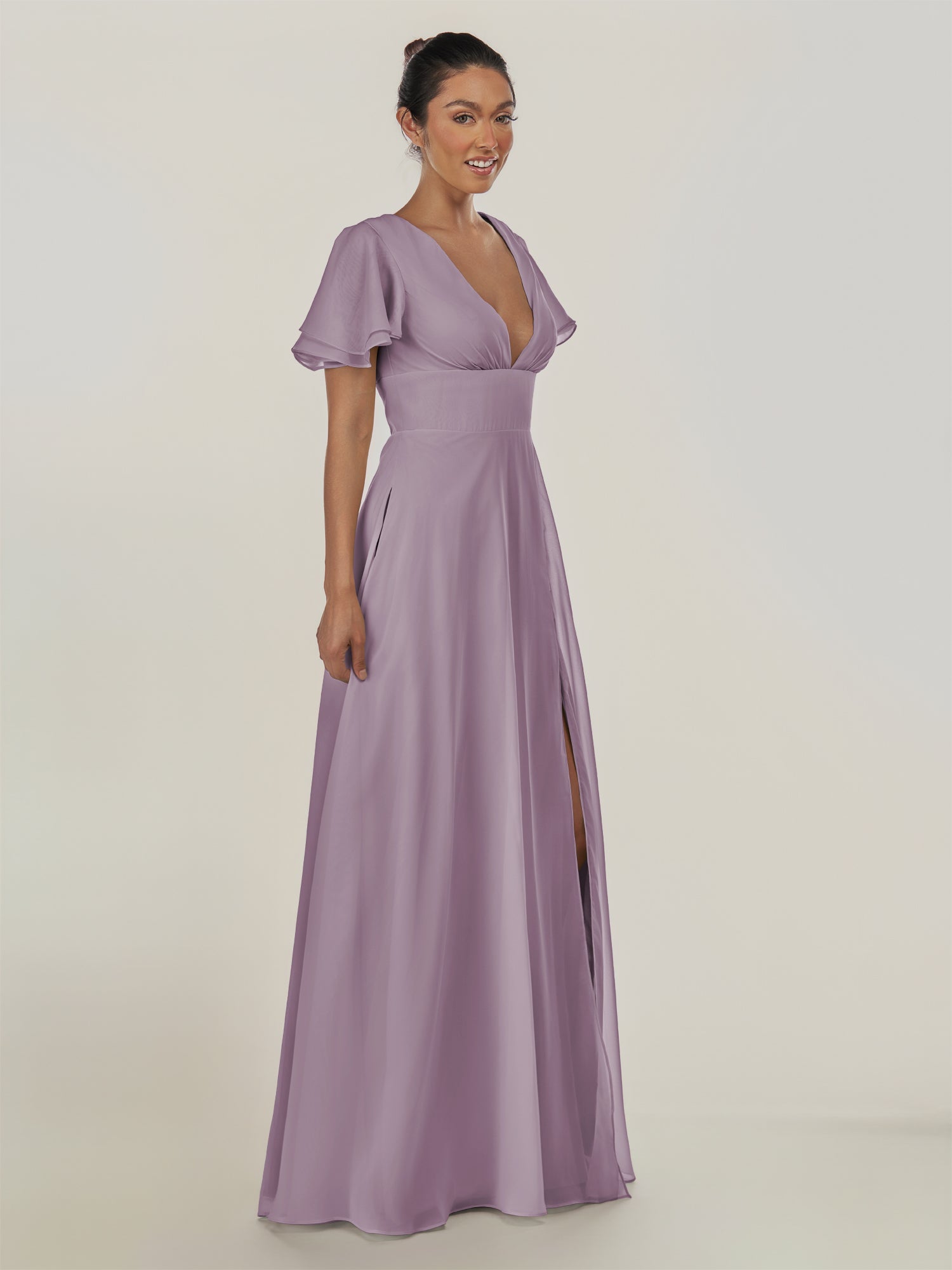 KissDress-Nira Dusk A Line Chiffon Cap Sleeves V Neck Long Bridesmaid Dress with Slit
