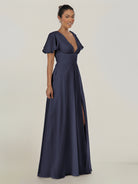 KissDress-Nira Dusk Blue A Line Chiffon Cap Sleeves V Neck Long Bridesmaid Dress with Slit