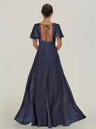 KissDress-Nira Dusk Blue A Line Chiffon Cap Sleeves V Neck Long Bridesmaid Dress with Slit