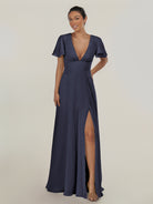 KissDress-Nira Dusk Blue A Line Chiffon Cap Sleeves V Neck Long Bridesmaid Dress with Slit