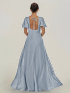 KissDress-Nira Dusty Blue A Line Chiffon Cap Sleeves V Neck Long Bridesmaid Dress with Slit