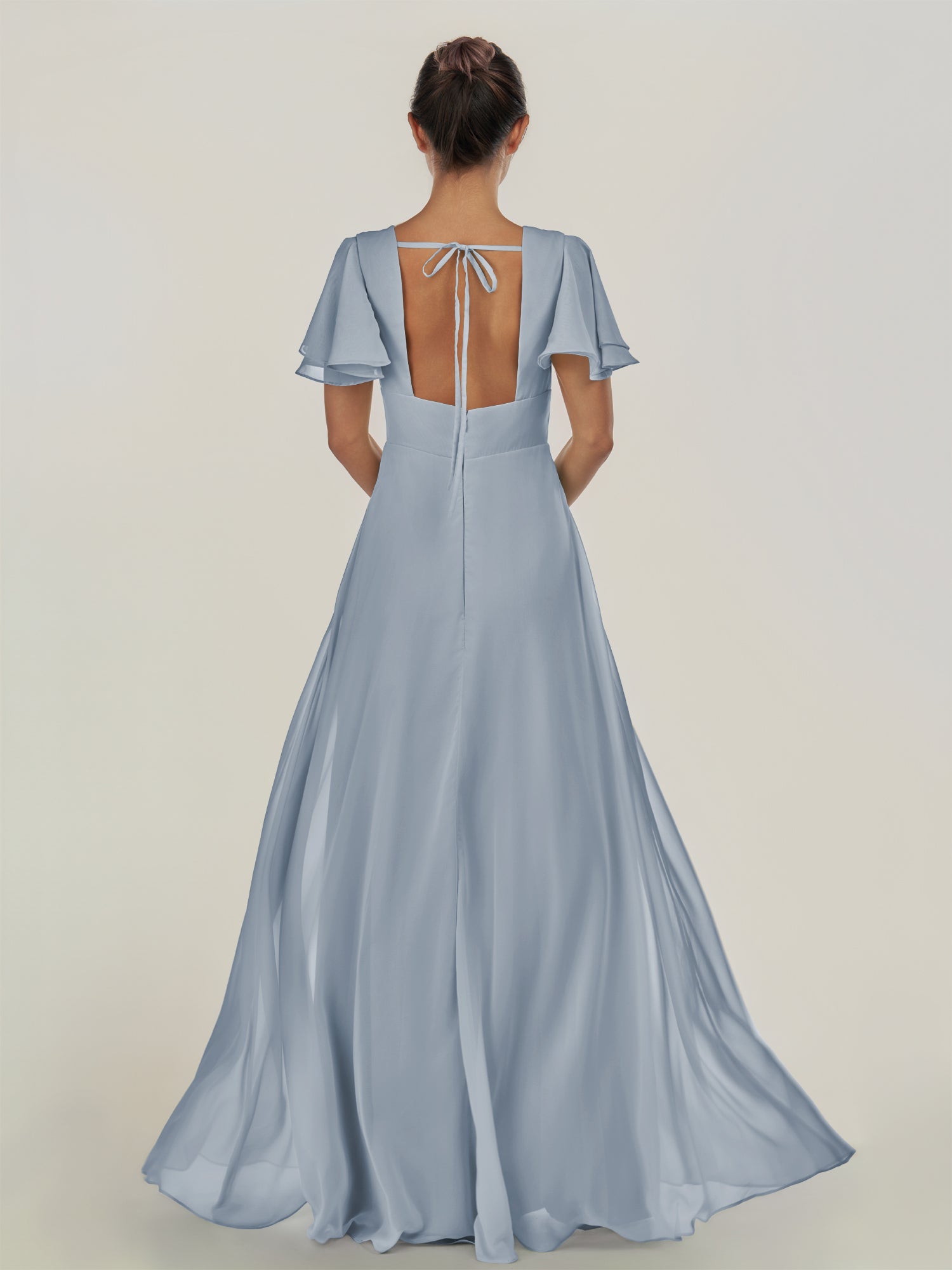 KissDress-Nira Dusty Blue A Line Chiffon Cap Sleeves V Neck Long Bridesmaid Dress with Slit