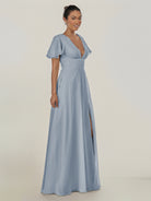 KissDress-Nira Dusty Blue A Line Chiffon Cap Sleeves V Neck Long Bridesmaid Dress with Slit