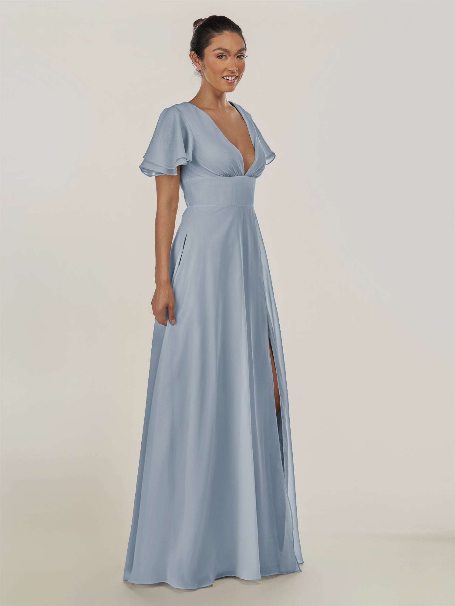 KissDress-Nira Dusty Blue A Line Chiffon Cap Sleeves V Neck Long Bridesmaid Dress with Slit