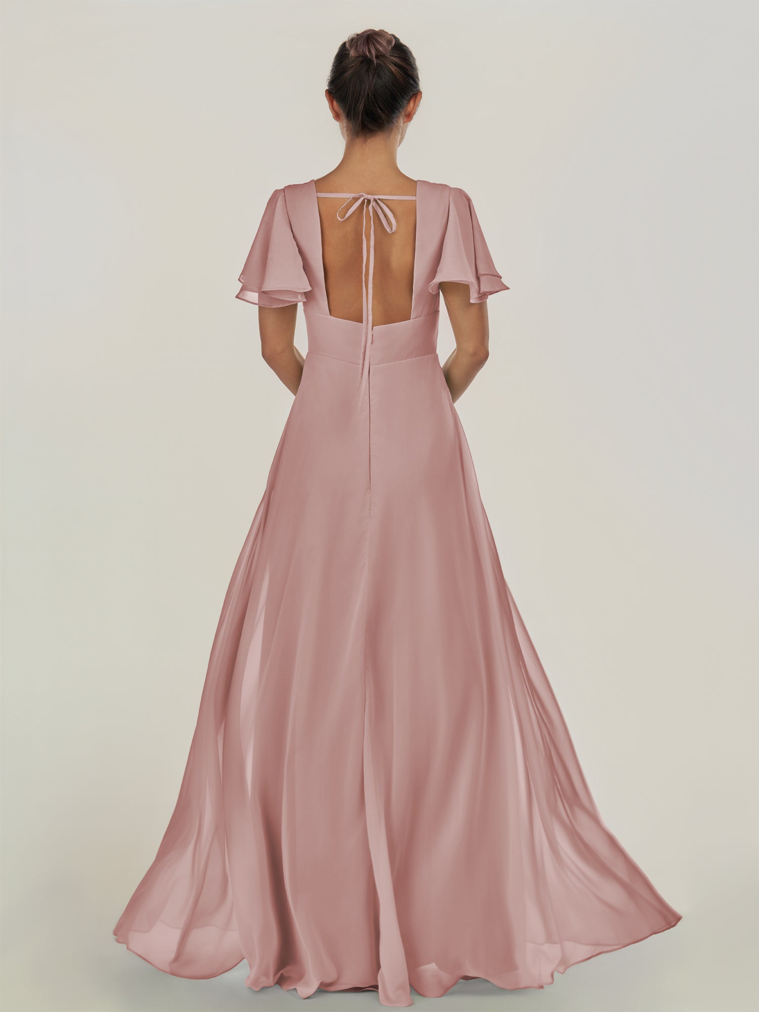 KissDress-Nira Dusty Rose A Line Chiffon Cap Sleeves V Neck Long Bridesmaid Dress with Slit