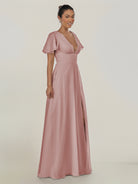 KissDress-Nira Dusty Rose A Line Chiffon Cap Sleeves V Neck Long Bridesmaid Dress with Slit