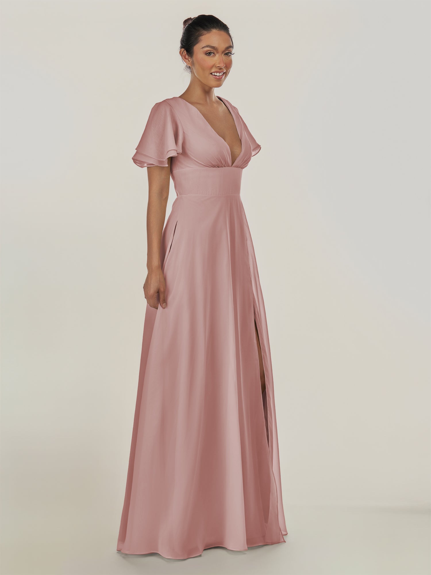KissDress-Nira Dusty Rose A Line Chiffon Cap Sleeves V Neck Long Bridesmaid Dress with Slit