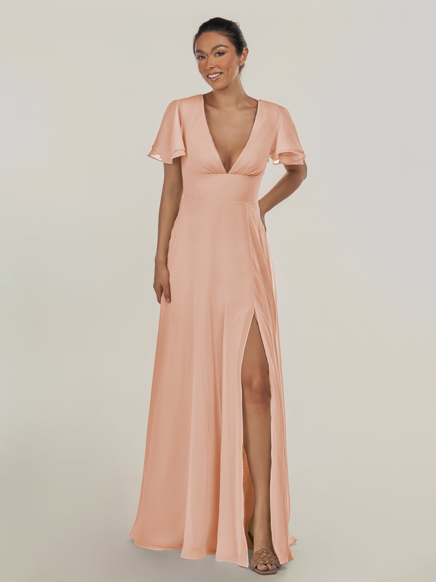 KissDress-Nira English Rose A Line Chiffon Cap Sleeves V Neck Long Bridesmaid Dress with Slit
