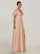 KissDress-Nira English Rose A Line Chiffon Cap Sleeves V Neck Long Bridesmaid Dress with Slit