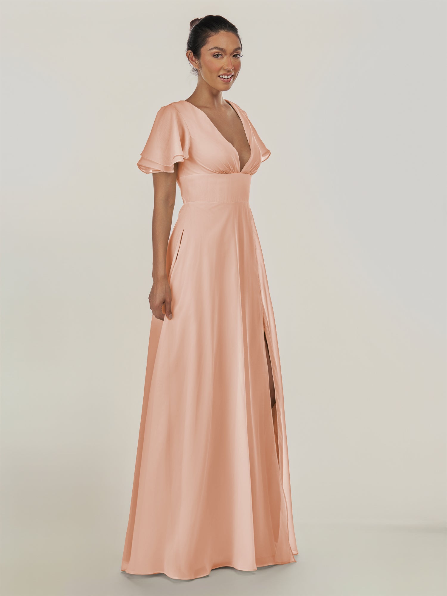 KissDress-Nira English Rose A Line Chiffon Cap Sleeves V Neck Long Bridesmaid Dress with Slit