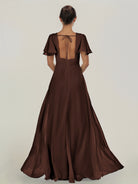 KissDress-Nira Espresso A Line Chiffon Cap Sleeves V Neck Long Bridesmaid Dress with Slit