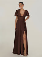 KissDress-Nira Espresso A Line Chiffon Cap Sleeves V Neck Long Bridesmaid Dress with Slit