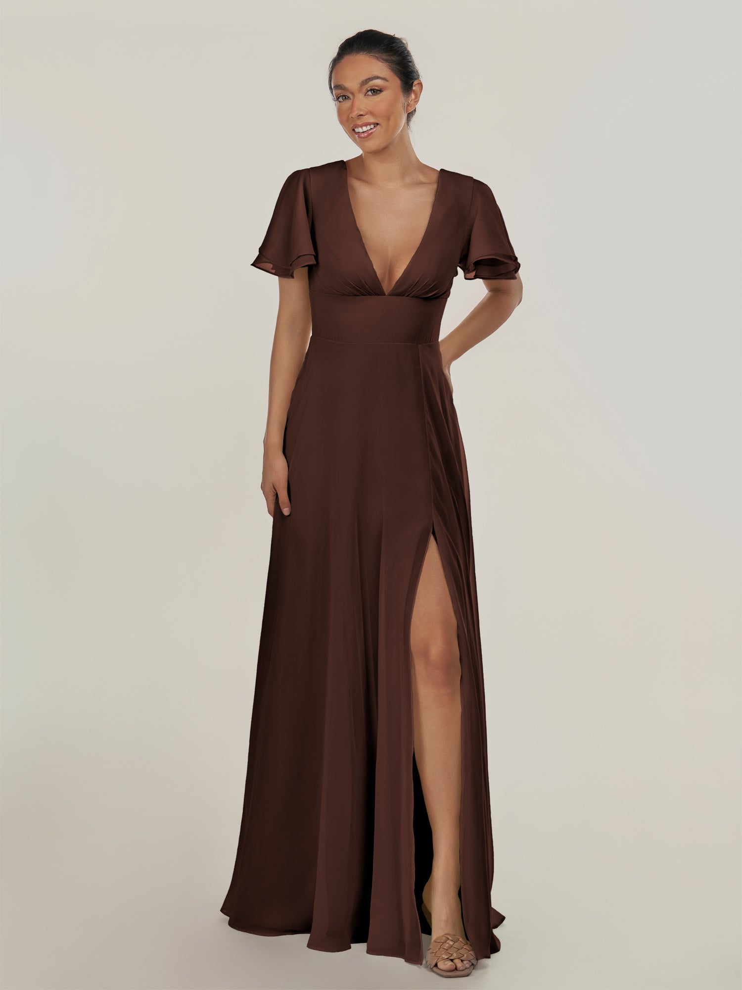 KissDress-Nira Espresso A Line Chiffon Cap Sleeves V Neck Long Bridesmaid Dress with Slit