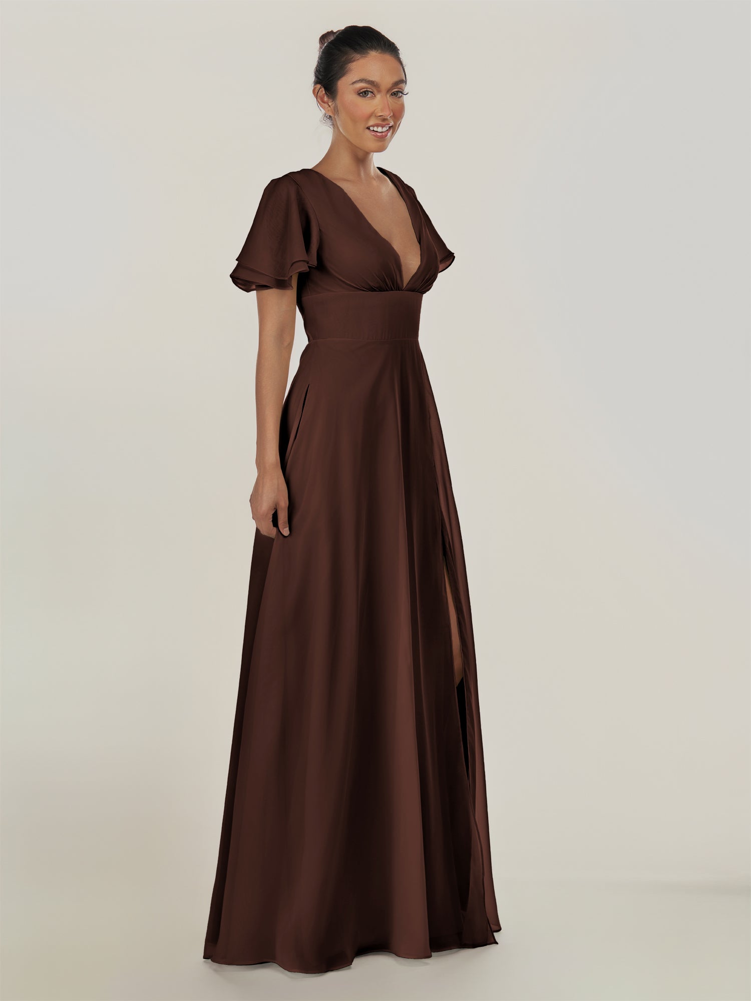 KissDress-Nira Espresso A Line Chiffon Cap Sleeves V Neck Long Bridesmaid Dress with Slit