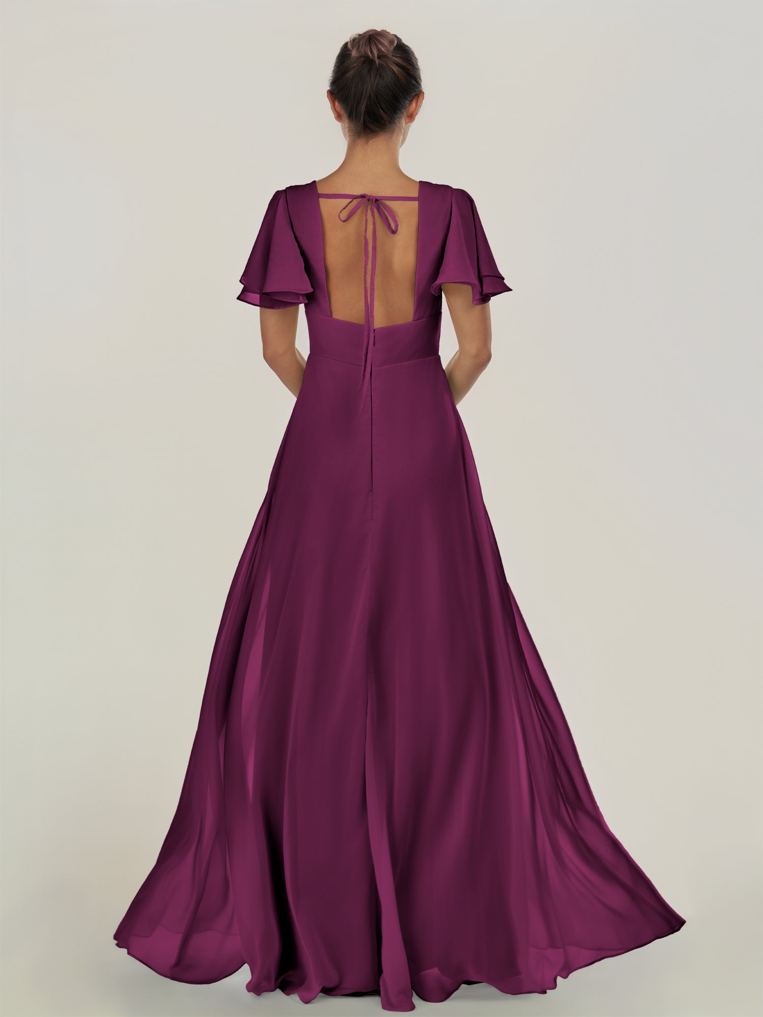 KissDress-Nira Fig A Line Chiffon Cap Sleeves V Neck Long Bridesmaid Dress with Slit