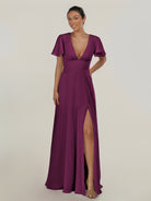 KissDress-Nira Fig A Line Chiffon Cap Sleeves V Neck Long Bridesmaid Dress with Slit