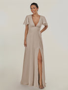 KissDress-Nira Frost A Line Chiffon Cap Sleeves V Neck Long Bridesmaid Dress with Slit