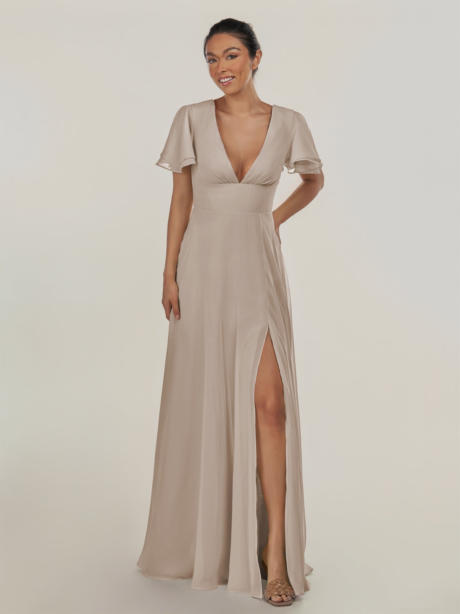 KissDress-Nira Frost A Line Chiffon Cap Sleeves V Neck Long Bridesmaid Dress with Slit